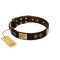 "Bow-Wow Effect" FDT Artisan Brown Leather Boxer Collar with Plates and Ornate Studs