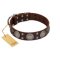 "Sun in Barchans" Modern FDT Artisan Brown Leather Boxer Collar with Engraved Stars on Round Plates and Studs