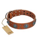 "Blue Sands" FDT Artisan Tan Leather Boxer Collar with Silver-like Studs and Round Conchos with Stones