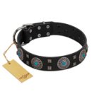 "Boundless Blue" FDT Artisan Black Leather Boxer Collar with Chrome Plated Brooches and Square Studs