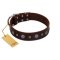 "Pure Sensation" Exclusive FDT Artisan Brown Leather Boxer Collar with Fancy Brooches and Studs
