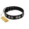 "Magic Amulete" Handcrafted FDT Artisan Black Leather Boxer Collar with Chrome-Plated Shields