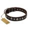 "Gorgeous Shields" FDT Artisan Brown Leather Boxer Collar with Old Silver-like Circles and Small Camomiles
