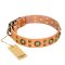 'Sophisticated Glamor' FDT Artisan Boxer Tan Leather Dog Collar with Stylish Old-Bronze Plated Decorations