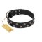 "Power-Flower" FDT Artisan Black Leather Boxer Collar with Two Rows of Silver-like Studs with Engraved Flowers