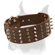 Extra Wide Boxer Leather Collar with Columns of Spikes and Studs