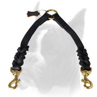 Posh leather Boxer coupler decorated with braids for walking 2 dogs