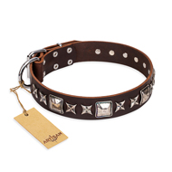 "Perfect Impression" FDT Artisan Brown Leather Boxer Collar with Shining Studs - 1 1/2 inch (40 mm) Wide