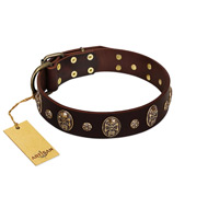 "Breaking the Horizon" FDT Artisan Brown Leather Boxer Collar with Engraved Studs and Medallions