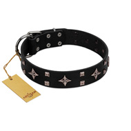 "Snappy Dresser" FDT Artisan Black Leather Boxer Collar Adorned with Stars and Tiny Squares