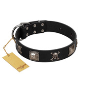 "Sea Rover" Embellished FDT Artisan Black Leather Boxer Collar with Chrome Plated Crossbones and Plates