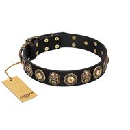 "Sea Rover" FDT Artisan Black Leather Boxer Collar with Old Bronze-plated Circular Medallions