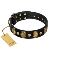 "Venerable Pawty" FDT Artisan Black Leather Boxer Collar with Old Bronze-like Ovals and Studs
