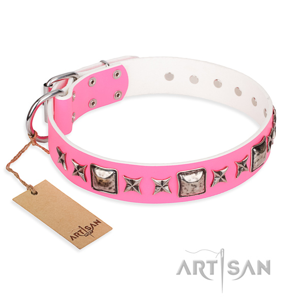 Full grain natural leather dog collar made of gentle to touch material with rust resistant buckle