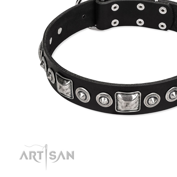 Natural genuine leather dog collar made of soft material with decorations