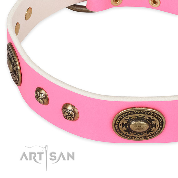 Embellished natural genuine leather collar for your attractive doggie