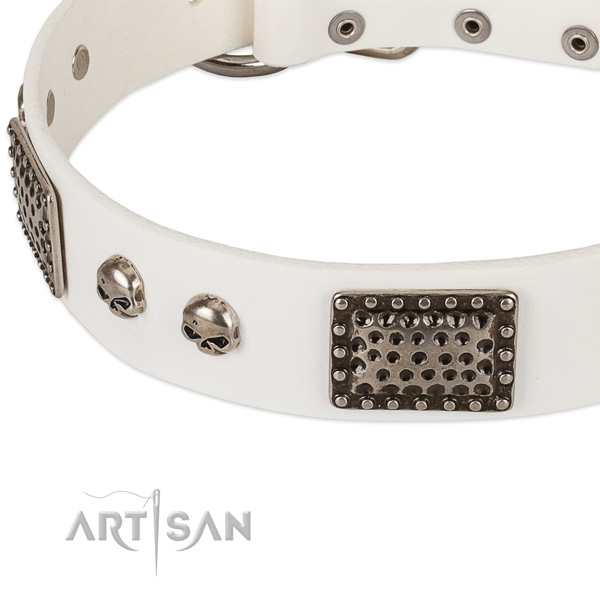 Strong D-ring on leather dog collar for your canine