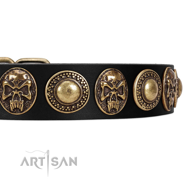 Full grain genuine leather dog collar with adornments for comfortable wearing