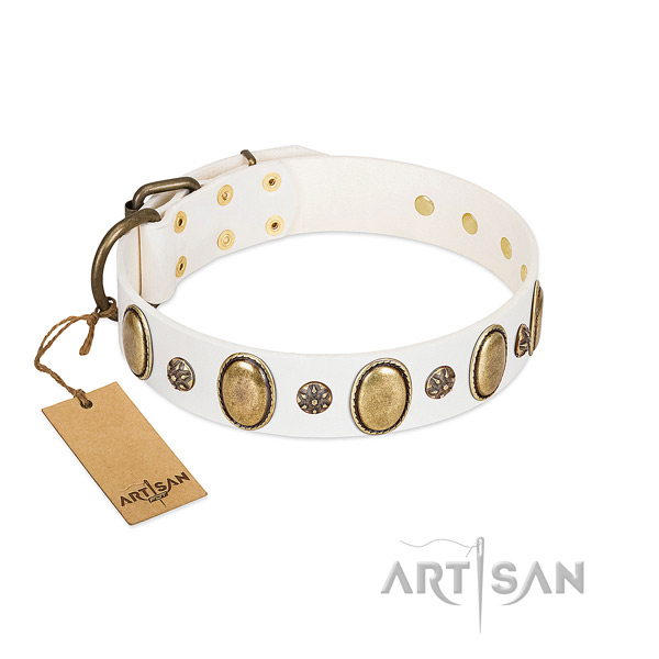 Handy use soft leather dog collar with adornments