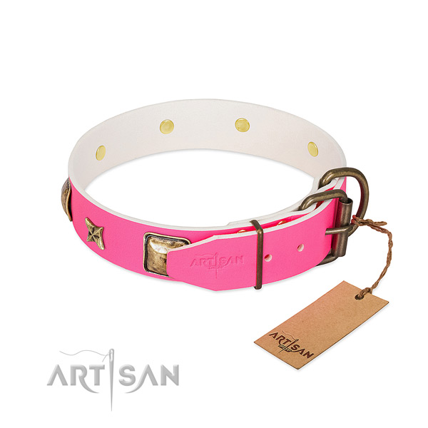 Strong buckle on natural genuine leather collar for fancy walking your pet