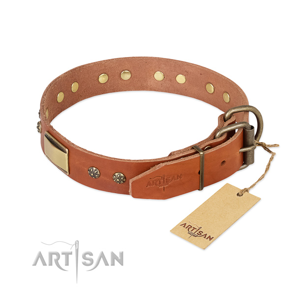 Natural genuine leather dog collar with corrosion proof fittings and embellishments