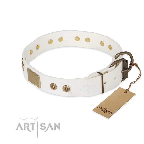 Full grain natural leather dog collar with corrosion resistant D-ring and embellishments