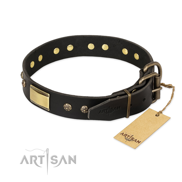 Full grain leather dog collar with reliable D-ring and adornments