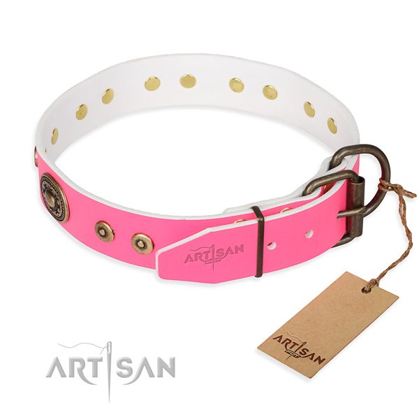 Full grain genuine leather dog collar made of soft material with strong decorations