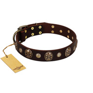 "Snazzy Paws" FDT Artisan Brown Leather Boxer Collar Adorned with Conchos and Medallions