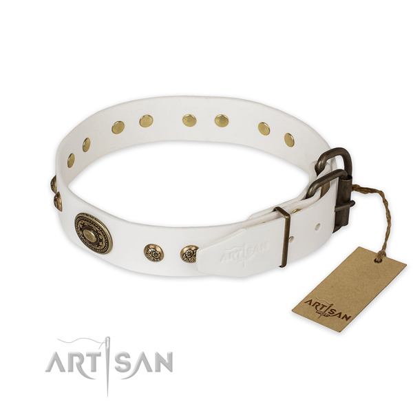 Strong D-ring on full grain natural leather collar for daily walking your doggie