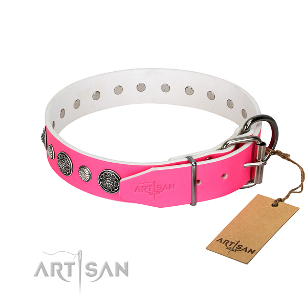 Top notch natural leather dog collar with corrosion resistant traditional buckle
