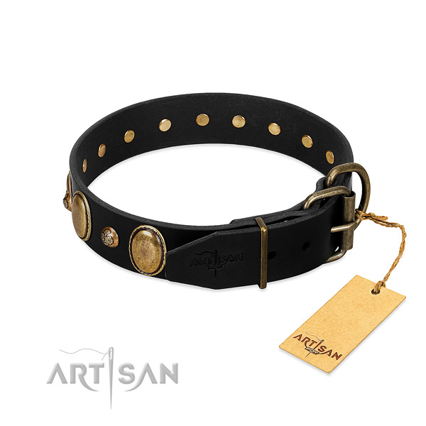 Rust resistant D-ring on full grain natural leather collar for walking your doggie