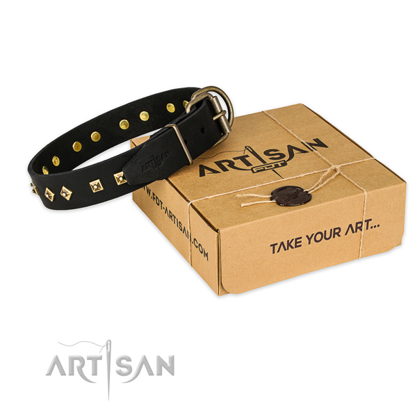 Rust resistant D-ring on genuine leather dog collar for comfy wearing