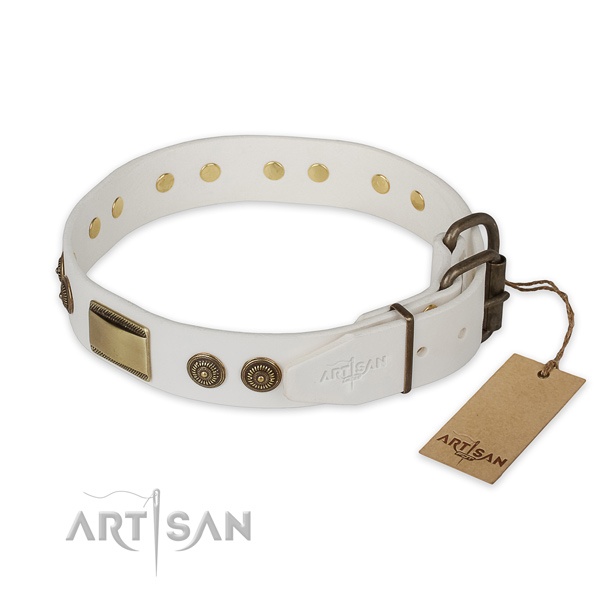 Rust resistant hardware on full grain leather collar for stylish walking your doggie