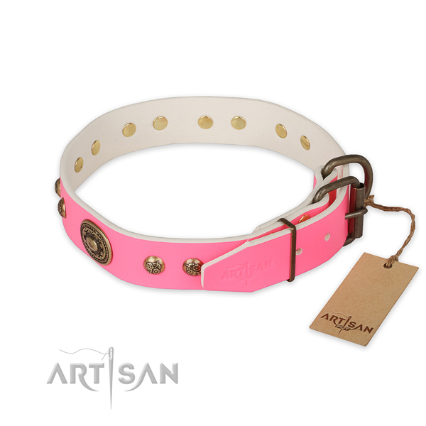 Corrosion resistant traditional buckle on full grain genuine leather collar for everyday walking your doggie