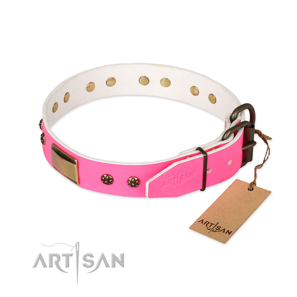Durable D-ring on full grain genuine leather dog collar for your four-legged friend