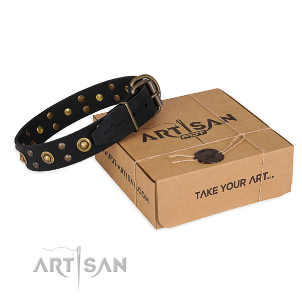 Corrosion resistant D-ring on full grain natural leather collar for your attractive canine
