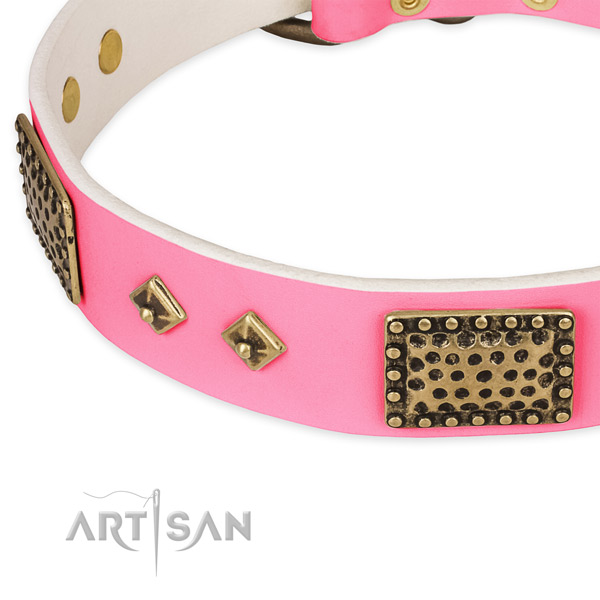 Full grain genuine leather dog collar with decorations for easy wearing