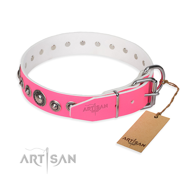 Leather dog collar made of quality material with corrosion resistant decorations