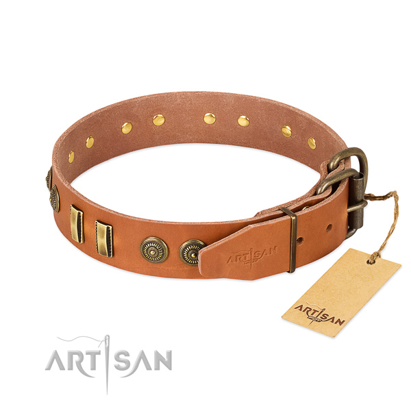 Corrosion proof fittings on leather dog collar for your canine