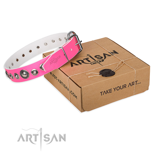 Natural genuine leather dog collar made of flexible material with reliable buckle