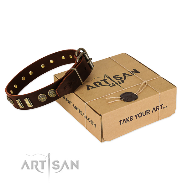 Rust resistant decorations on full grain genuine leather dog collar for your doggie