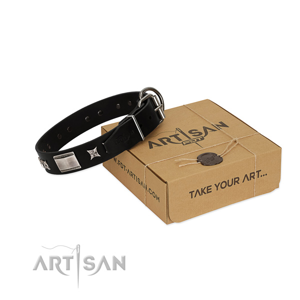 Top rate full grain natural leather dog collar with rust resistant traditional buckle