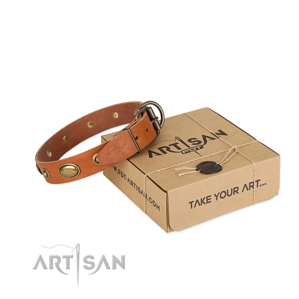 Reliable D-ring on full grain leather dog collar for your doggie