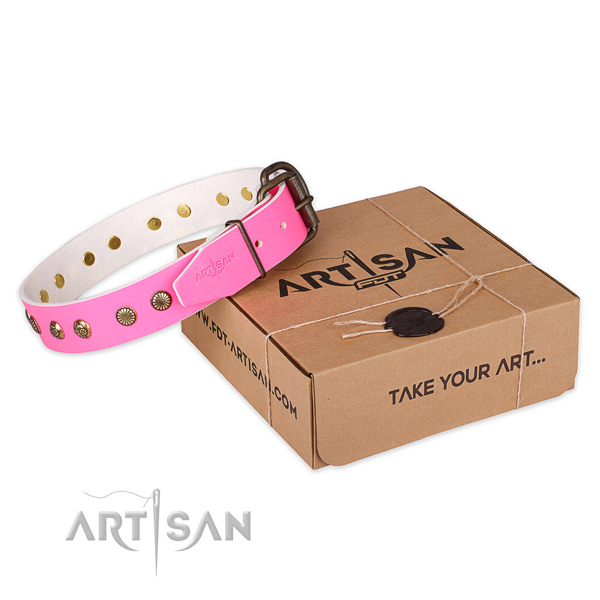 Rust resistant traditional buckle on full grain genuine leather collar for your beautiful doggie