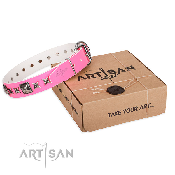 Comfortable wearing full grain leather dog collar with studs
