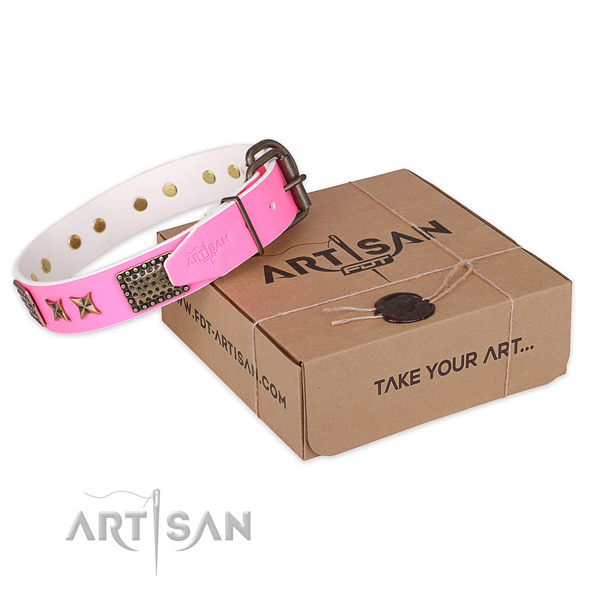 Rust resistant D-ring on natural genuine leather collar for your lovely doggie