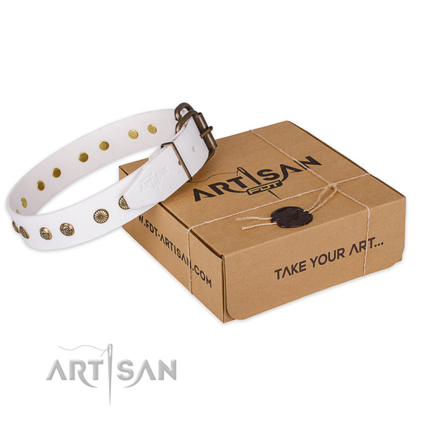 Rust resistant D-ring on full grain leather collar for your lovely pet