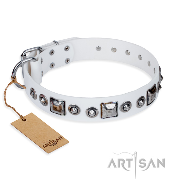 Full grain genuine leather dog collar made of reliable material with strong fittings