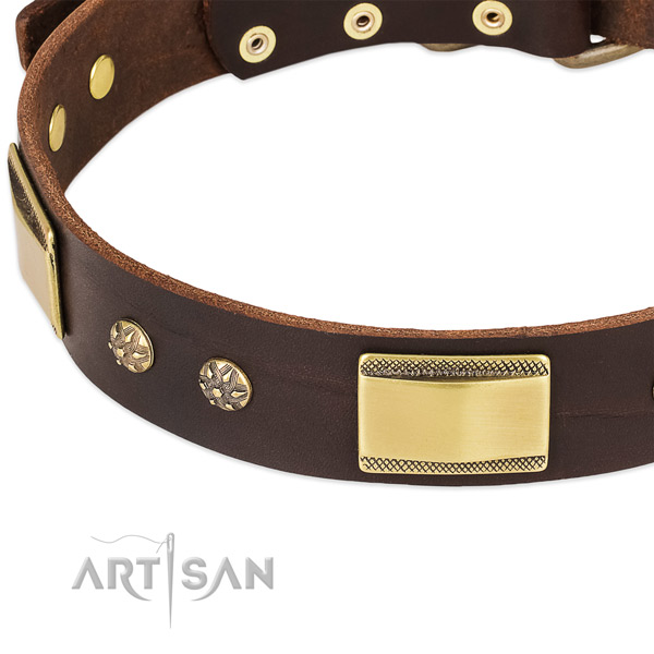 Reliable hardware on full grain natural leather dog collar for your four-legged friend